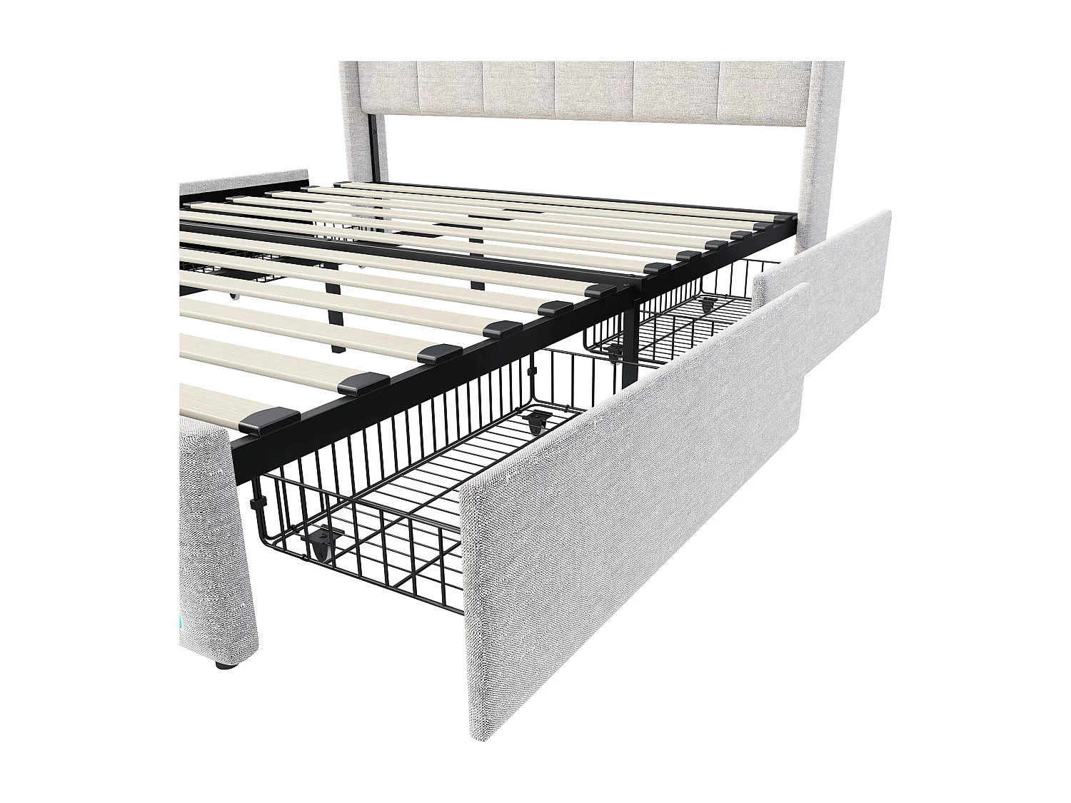 Lit rembourré 140x190cm avec 2 ports USB et 1 port Type-C, Lit Coffre 140x190cm avec Rangement, Lit double capitonné à LED avec tiroirs, Lin, Beige