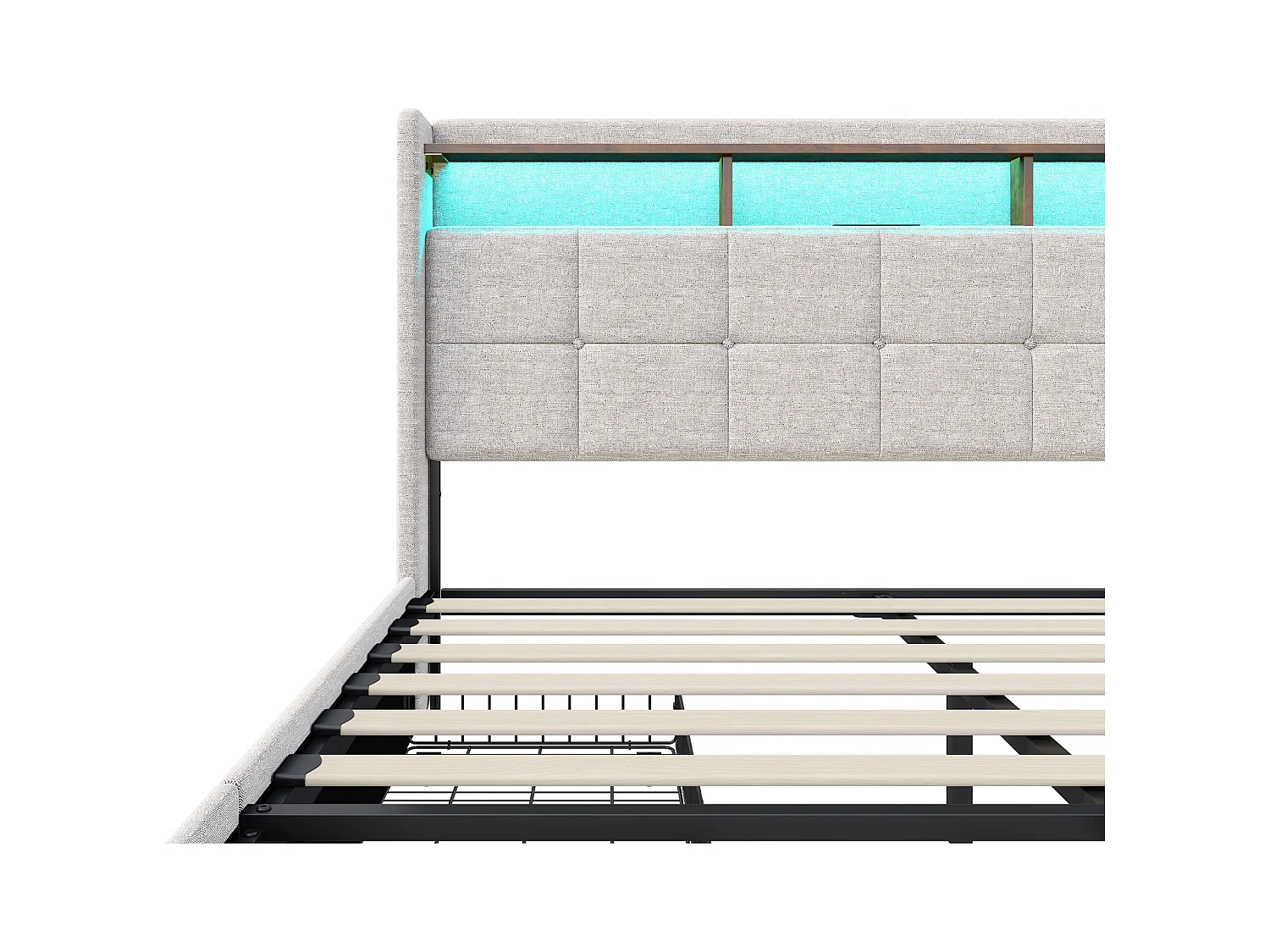 Cama tapizada 140x190cm con 2 puertos USB y 1 puerto Tipo-C, Cama con canapé 140x190cm, Cama doble tapizada LED con cajones, Lino, Beige