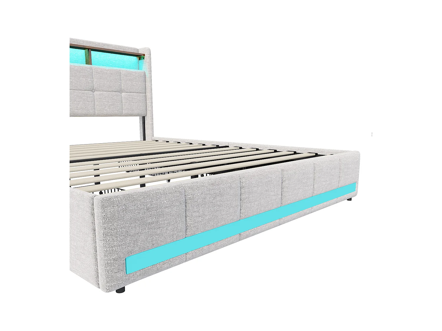 Cama tapizada 140x190cm con 2 puertos USB y 1 puerto Tipo-C, Cama con canapé 140x190cm, Cama doble tapizada LED con cajones, Lino, Beige