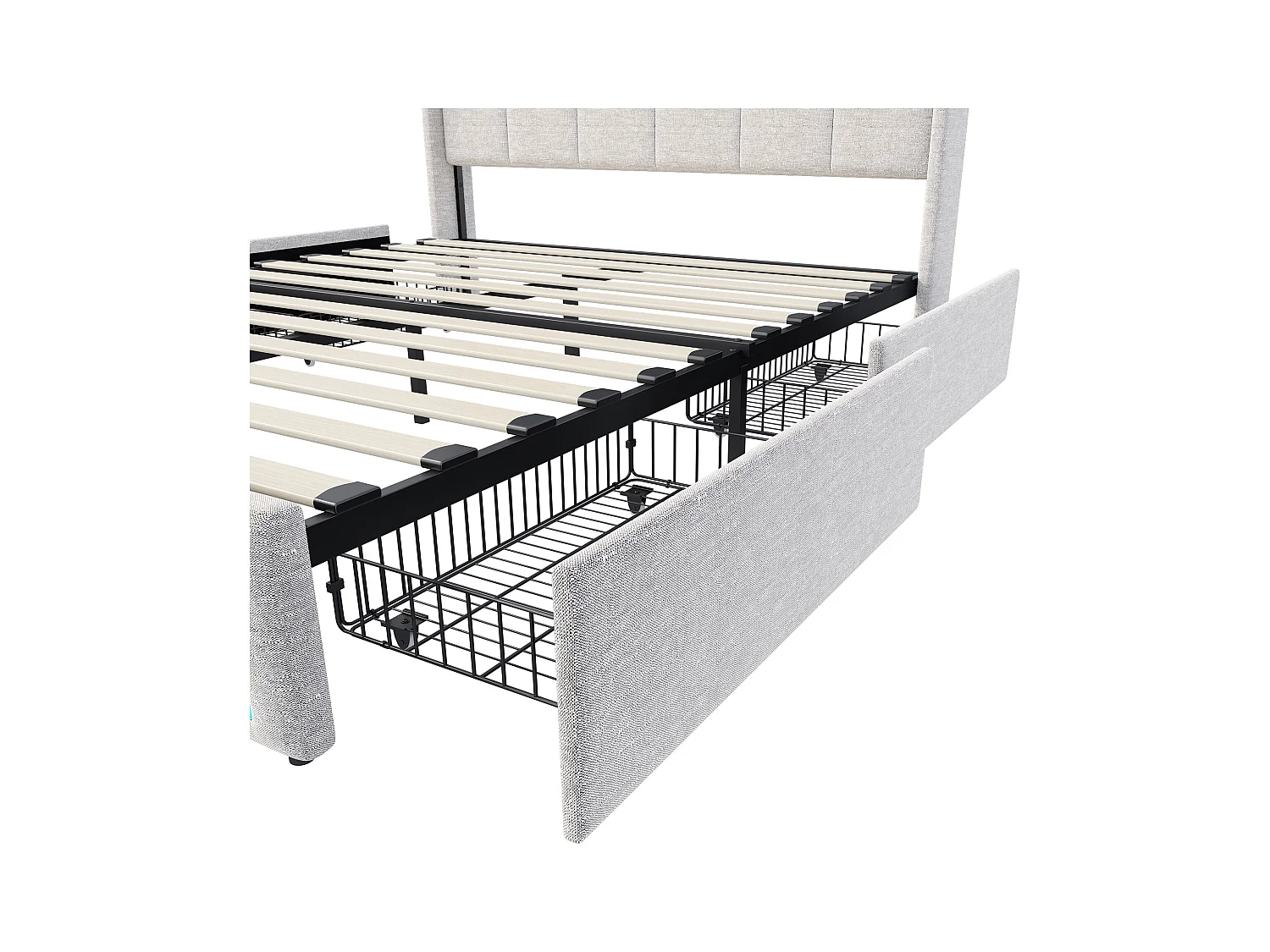 Cama tapizada 140x190cm con 2 puertos USB y 1 puerto Tipo-C, Cama con canapé 140x190cm, Cama doble tapizada LED con cajones, Lino, Beige