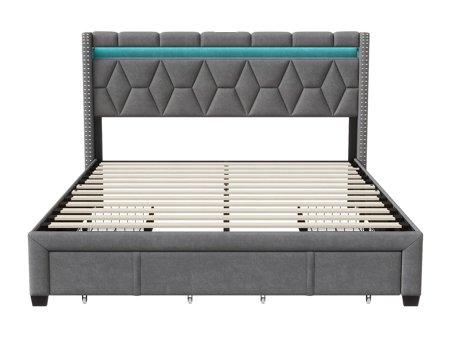Opbergbed 140x200 cm met USB en Type-C, Gestoffeerd bed 140x200 met 4 lades en LED, Bedframe met lattenbodem en hoofdbord, Tweepersoonsbed, Linnen, Grijs