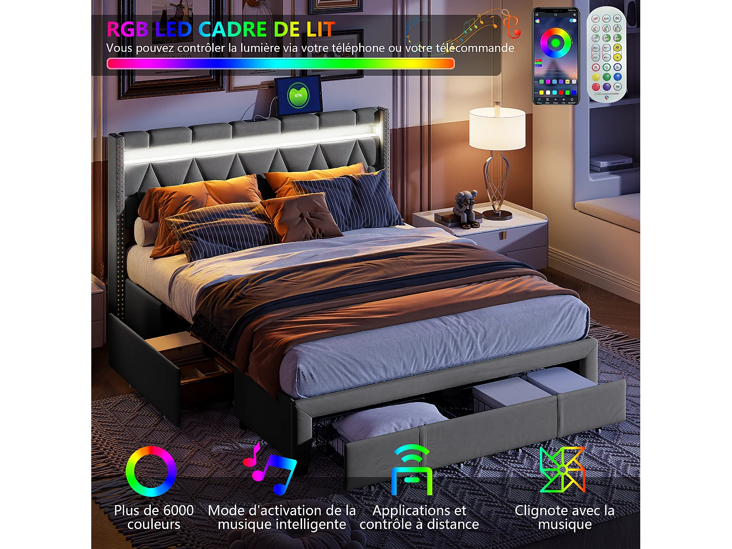 Lit coffre 140x200 cm avec USB et Type-C, Lit capitonné 140x200 avec 4 Tiroirs et LED, Cadre de Lit avec Sommier à Lattes et Tete de Lit, Lit 2 Personnes, Lin, Gris