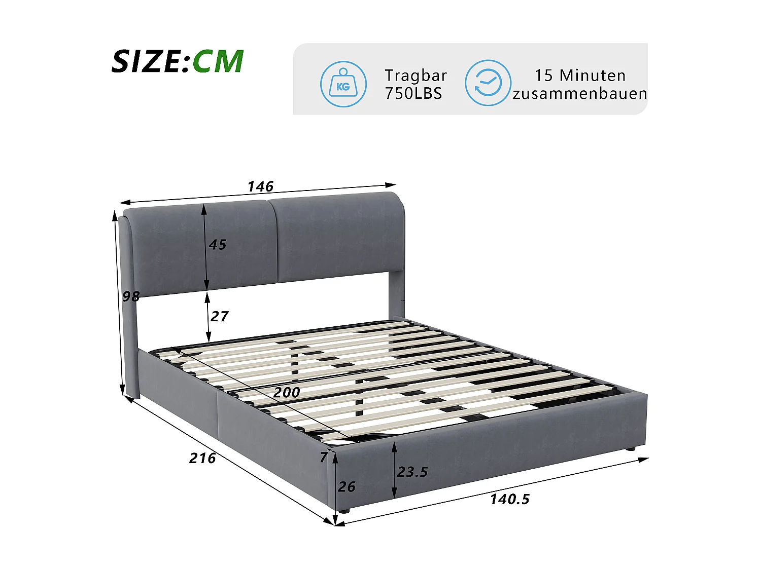 Lit coffre 140x200 cm, Lit capitonné 140x200 avec Rangement, Cadre de Lit avec Sommier à Lattes et Tete de Lit, Lit 2 Personnes, Velours, Beige