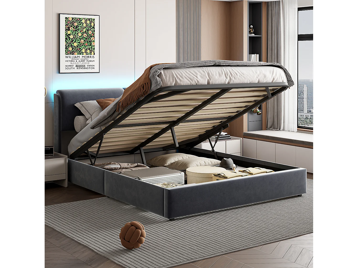 Lit coffre 140x200 cm, Lit capitonné 140x200 avec Rangement, Cadre de Lit avec Sommier à Lattes et Tete de Lit, Lit 2 Personnes, Velours, Beige