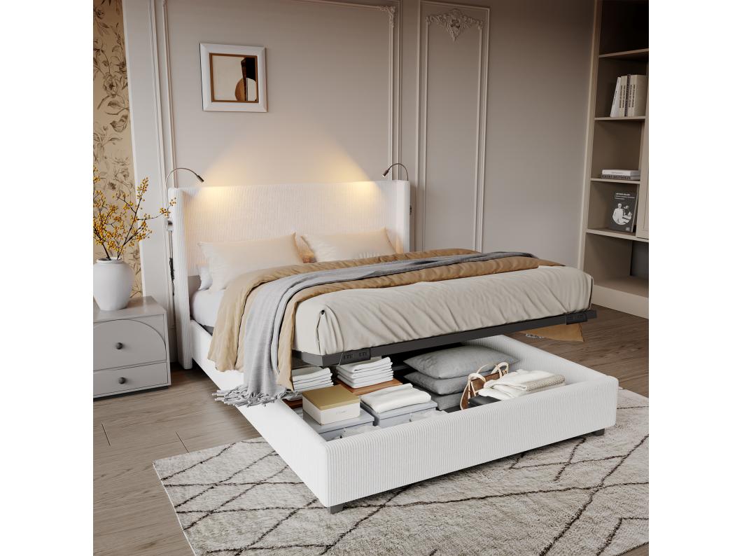 Gestoffeerd bed 140x200cm met leeslamp, Opbergbed met opbergruimte, Lattenbodem, corduroy, Beige