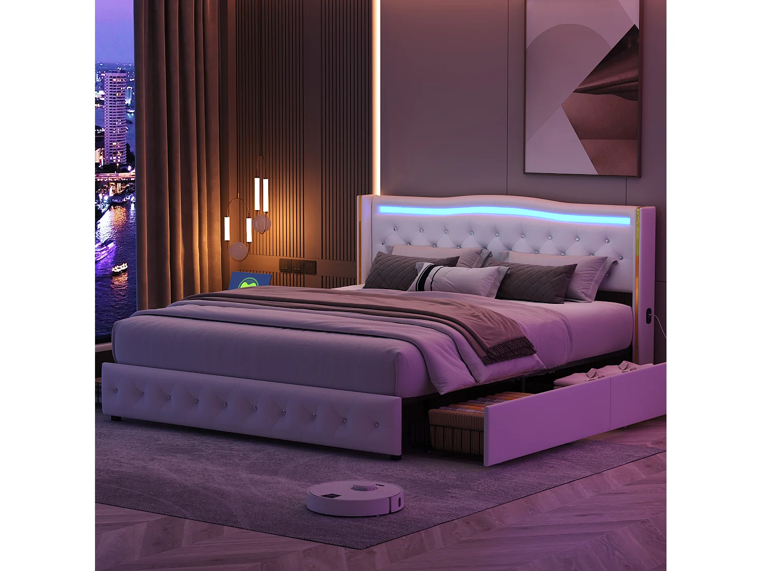 Lit 140x190cm avec Sommier LED et USB, lit Capitonné avec 4 Tiroirs, Cadre de Lit avec Sommier à Lattes, Lit 2 Personnes, PU, Blanc