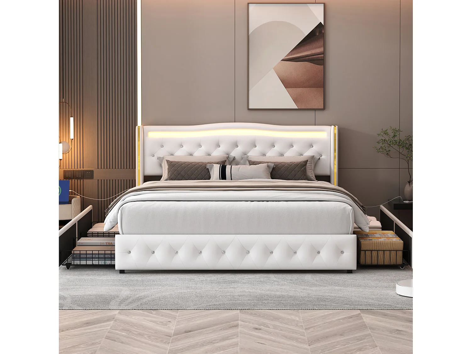 Lit 140x190cm avec Sommier LED et USB, lit Capitonné avec 4 Tiroirs, Cadre de Lit avec Sommier à Lattes, Lit 2 Personnes, PU, Blanc