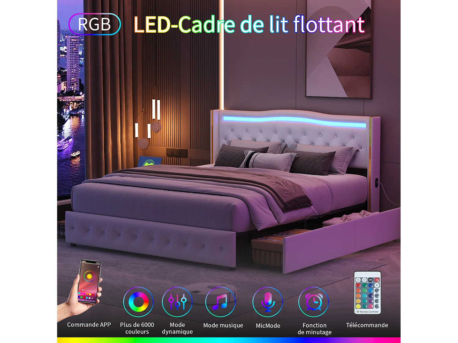 Lit 140x190cm avec Sommier LED et USB, lit Capitonné avec 4 Tiroirs, Cadre de Lit avec Sommier à Lattes, Lit 2 Personnes, PU, Blanc
