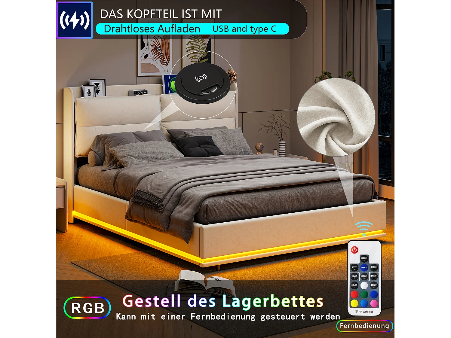 Cama de 140x200 cm con almacenaje, USB y Tipo C, Cama de 140x200 con somier, Cama doble con almacenaje e iluminación LED, Cama doble, Terciopelo, Beige