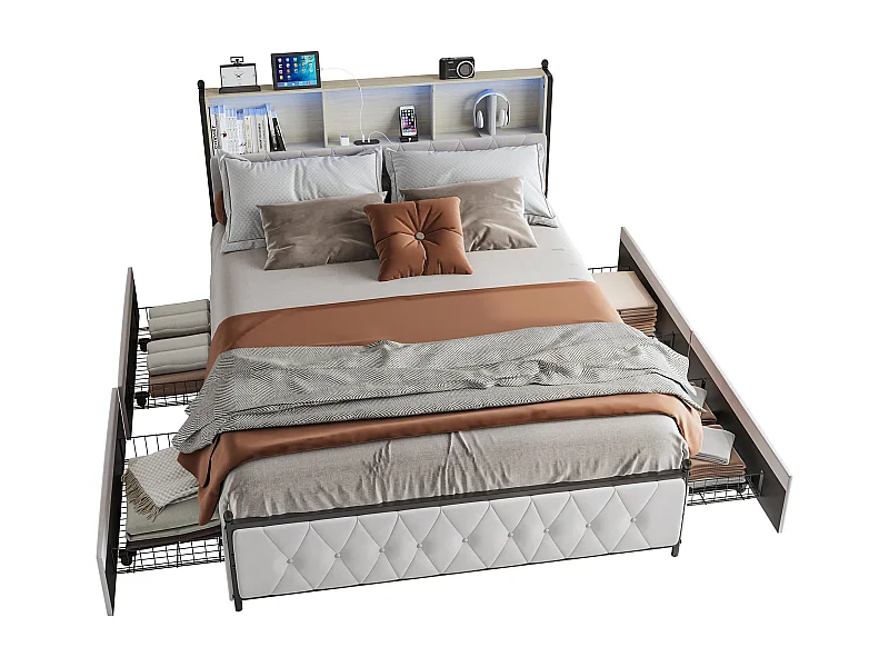 Lit 160 x 200 cm avec éclairage LED et charge USB, Lit 2 Personnes avec 4 Tiroirs et Grand Rangement 160 x 200 cm, Lit capitonné, Velours, Beige