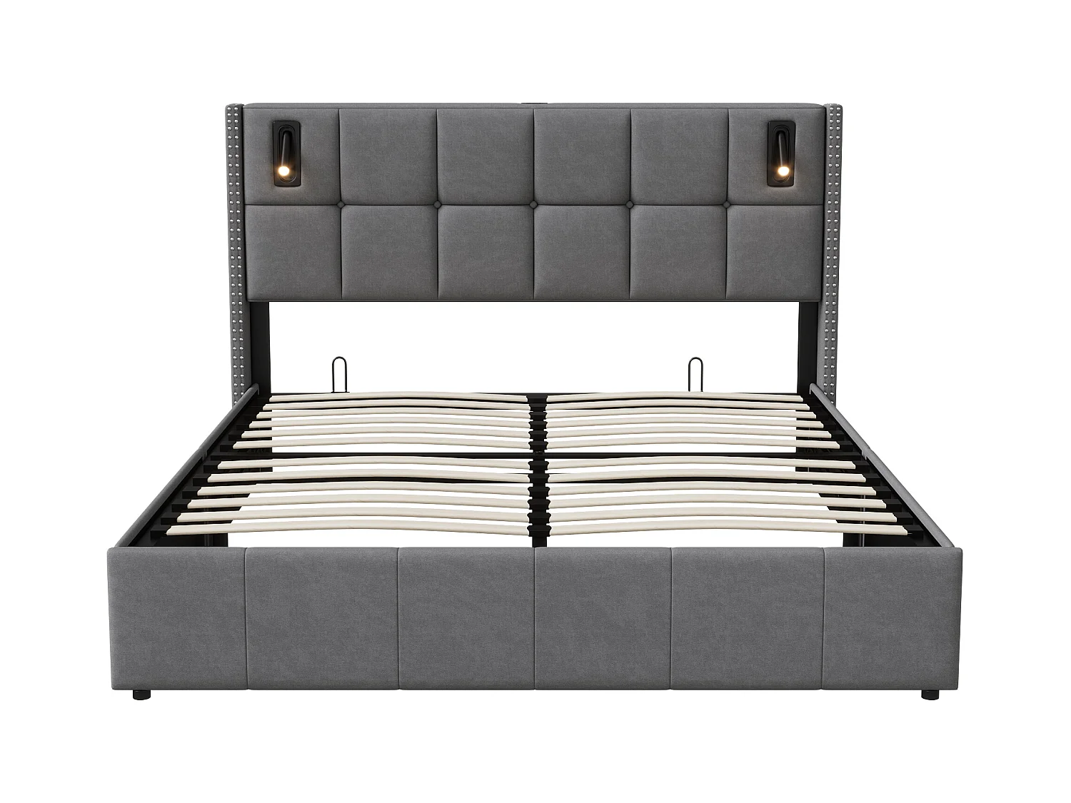 Cama com arrumação 160x200 cm, Cama de casal com arrumação e estrado de ripas, tecido de veludo, luz de leitura, Cinzento