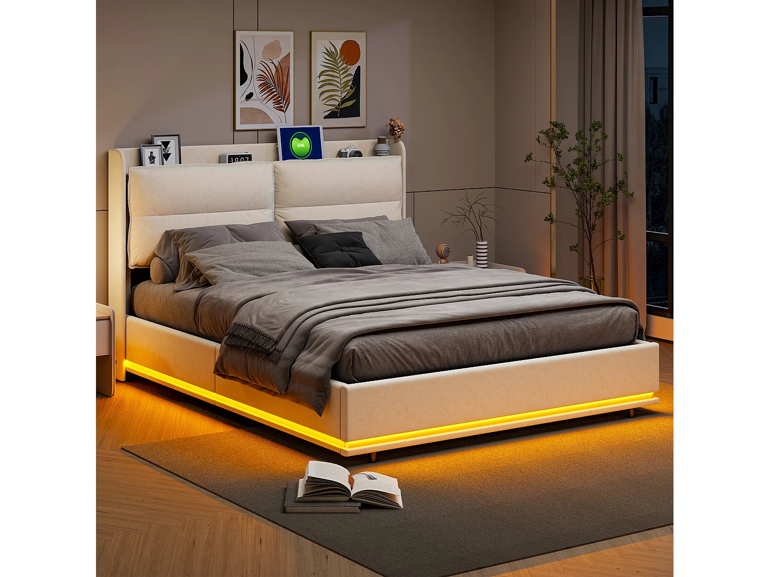 Lit Coffre 160x200 cm avec USB et Type-C, Lit 160x200 avec Sommier à Lattes, Lit Double avec Rangement et éclairage LED, Lit 2 Personnes, Velours, Beige