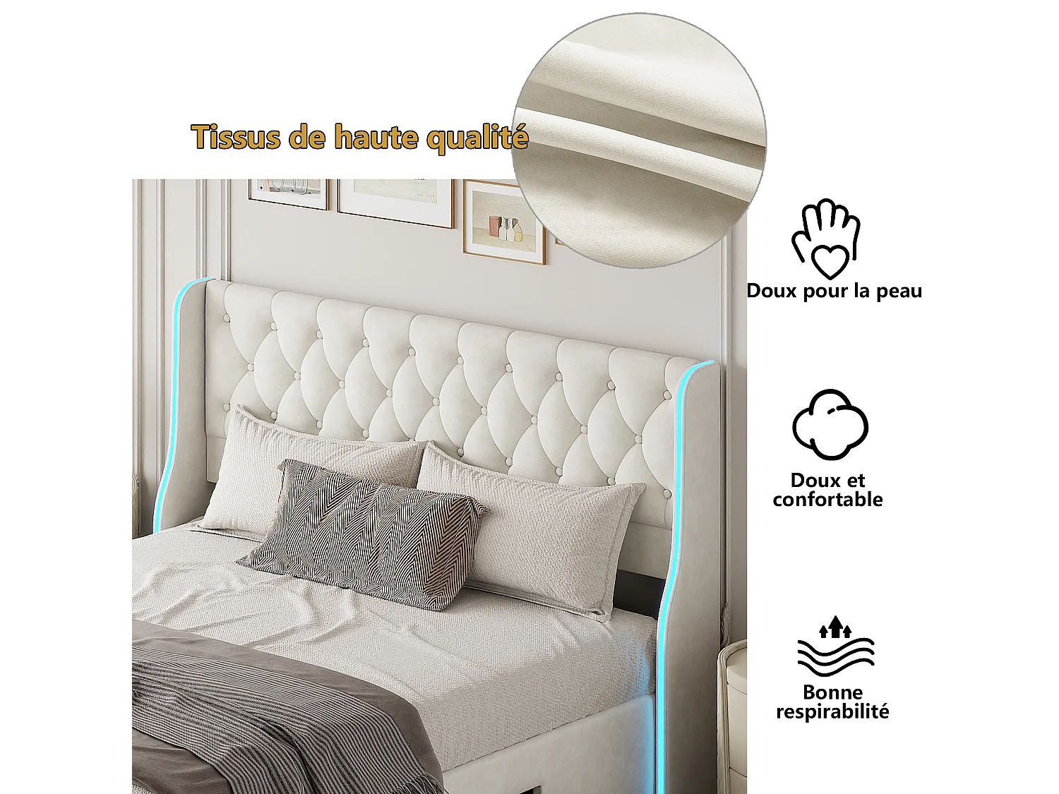 Opbergbed 160x200 cm in beige fluweel met RGB LED, 3 metalen laden en boxspring – gevoerd tweepersoonsbed met verlichte vleugels, modern design