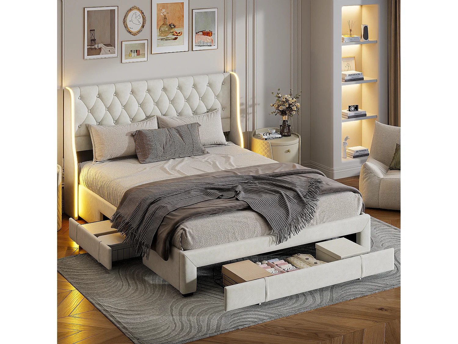 Opbergbed 160x200 cm in beige fluweel met RGB LED, 3 metalen laden en boxspring – gevoerd tweepersoonsbed met verlichte vleugels, modern design