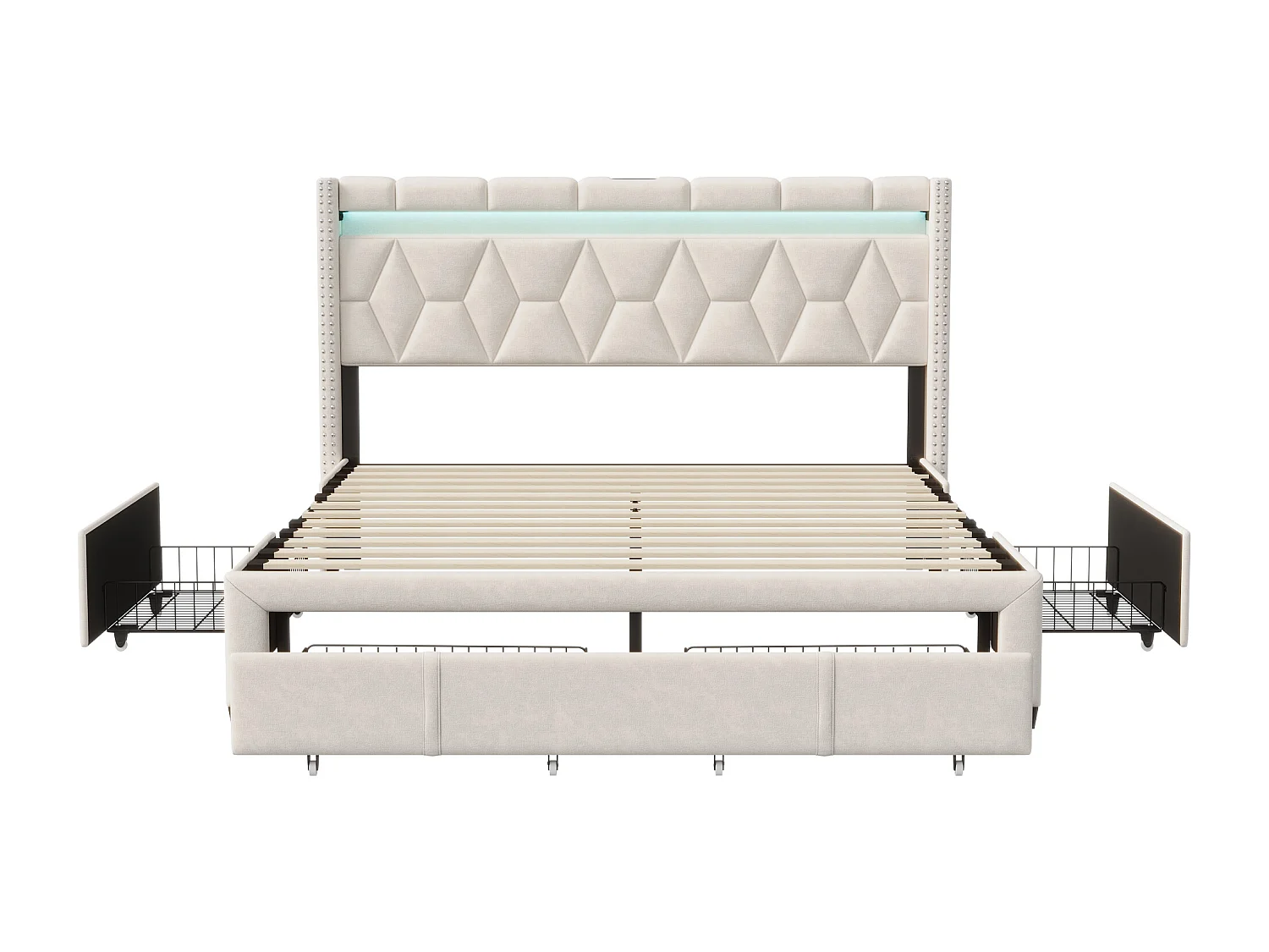 Opbergbed 160x200 cm met USB en Type-C, Gestoffeerd bed 160x200 met 4 lades en LED, Bedframe met lattenbodem en hoofdbord, Tweepersoonsbed, Linnen, Beige
