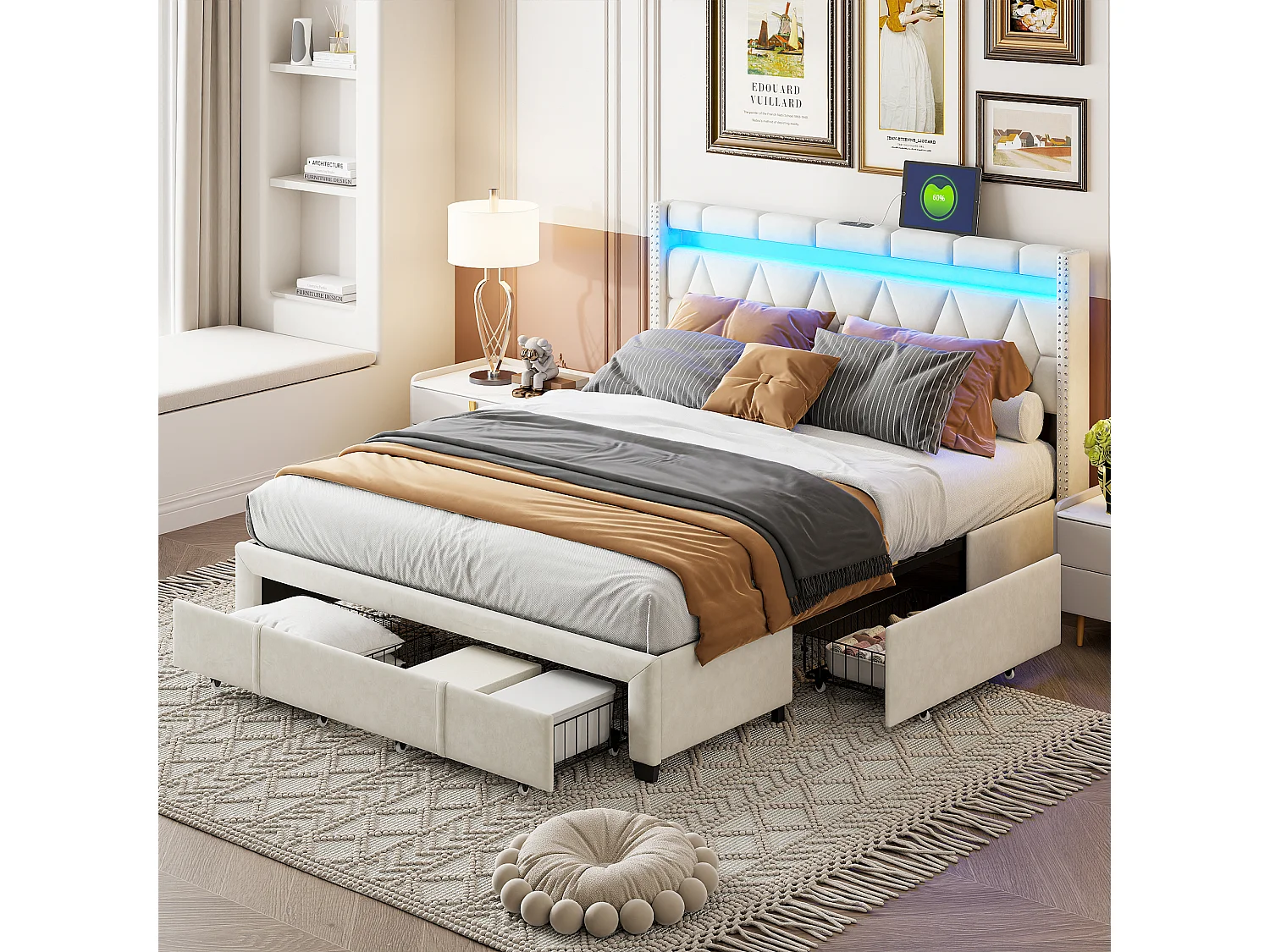 Opbergbed 160x200 cm met USB en Type-C, Gestoffeerd bed 160x200 met 4 lades en LED, Bedframe met lattenbodem en hoofdbord, Tweepersoonsbed, Linnen, Beige