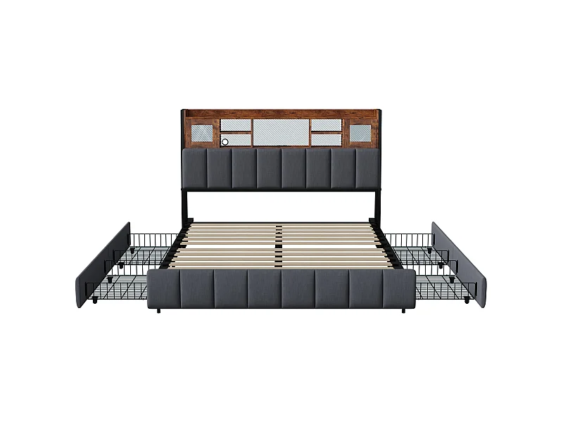 Letto 160x200 cm con illuminazione LED e porta USB, Letto contenitore con cassetti, Struttura letto con rete a doghe e testiera, Letto matrimoniale, Lino, Nero