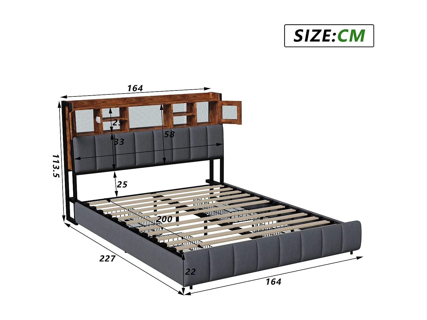 Cama de 160x200 cm con iluminación LED y puerto USB, Canapé con cajones, Estructura de cama con somier y cabecero, Cama de matrimonio, Lino, Negro