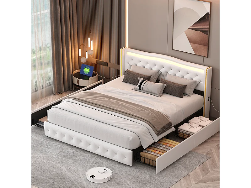 Cama 140x200cm com base LED e USB, cama estofada com 4 gavetas, estrutura de cama com base de ripas, cama de casal, PU, branco
