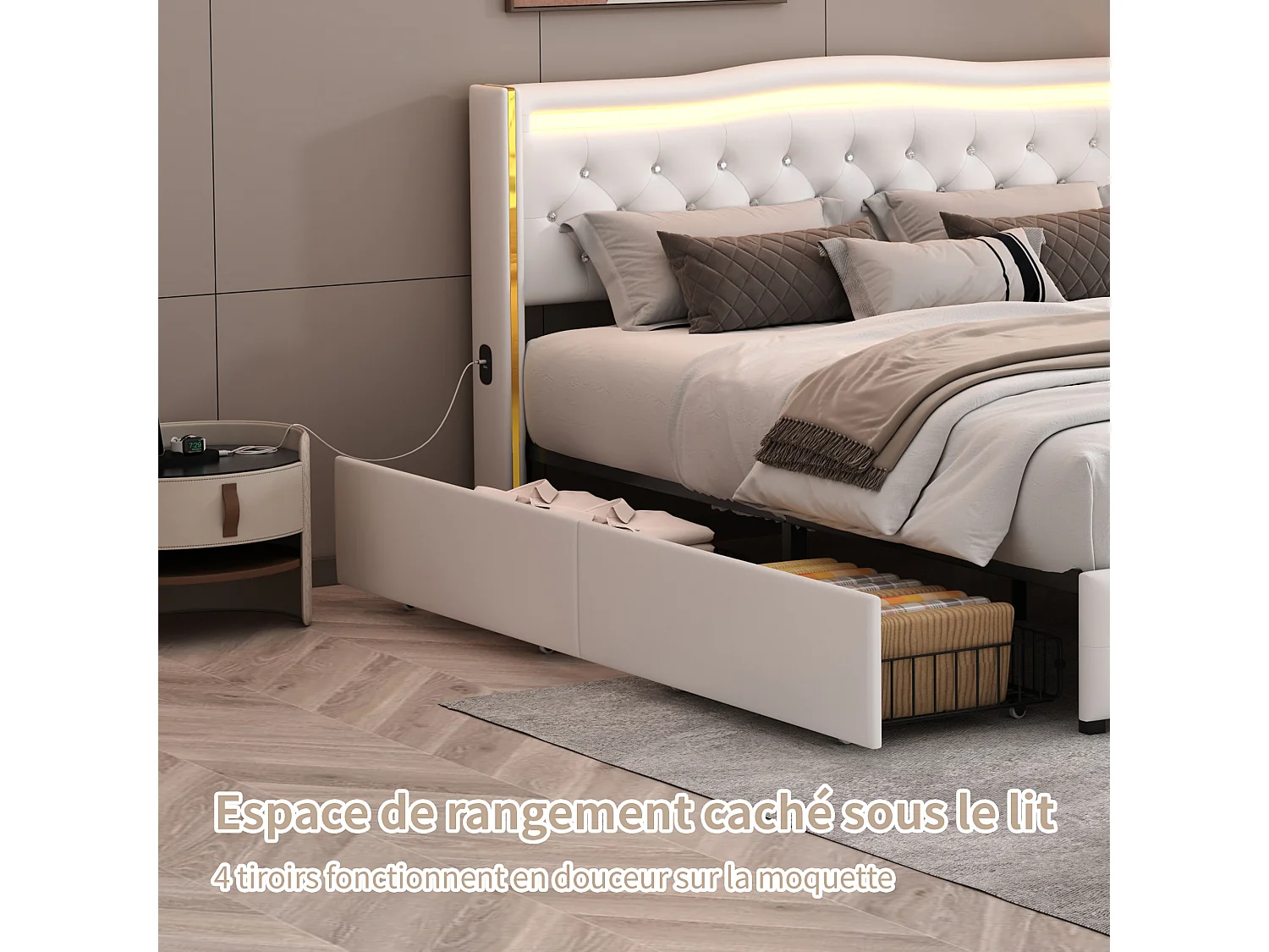 Bed 140x200cm met LED- en USB-basis, gestoffeerd bed met 4 lades, bedframe met lattenbodem, tweepersoonsbed, PU, wit