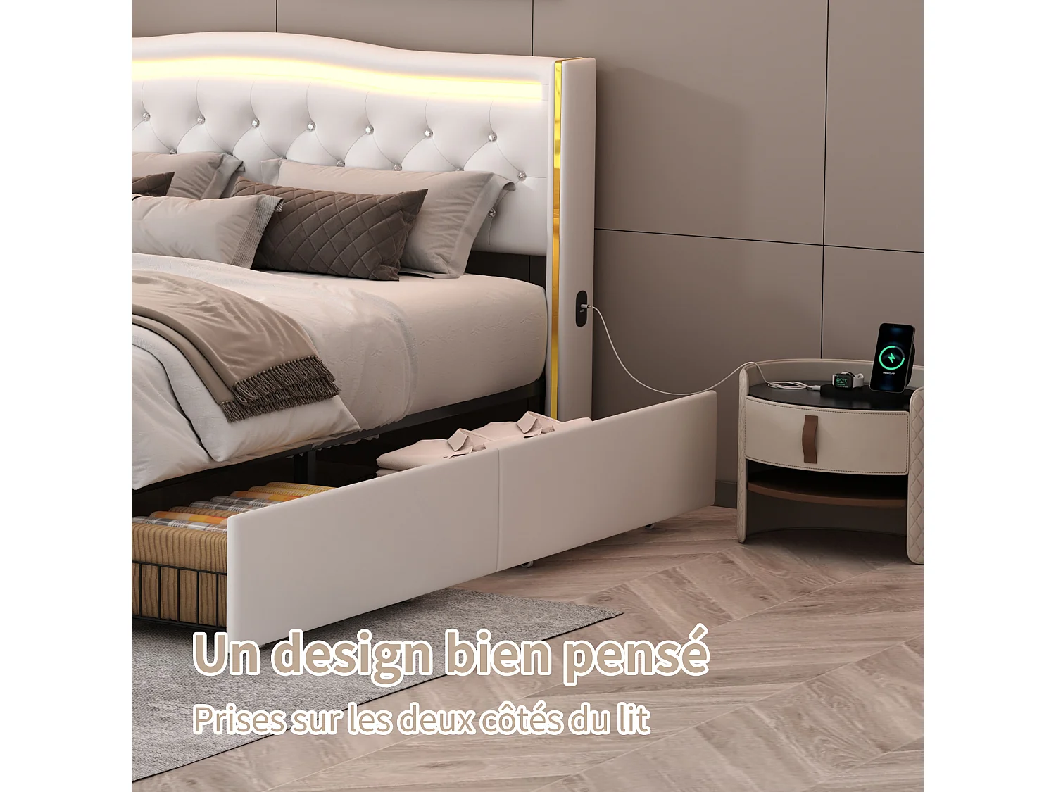Bed 140x200cm met LED- en USB-basis, gestoffeerd bed met 4 lades, bedframe met lattenbodem, tweepersoonsbed, PU, wit