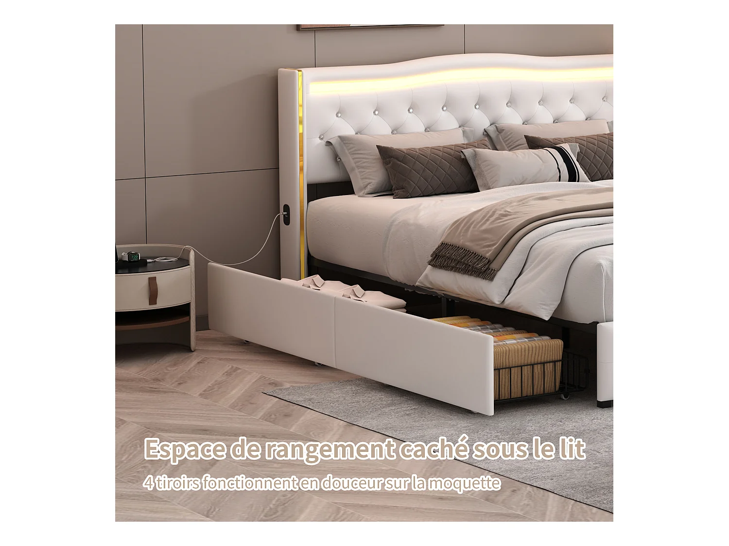 Lit 140x200cm avec Sommier LED et USB, lit Capitonné avec 4 Tiroirs, Cadre de Lit avec Sommier à Lattes, Lit 2 Personnes, PU, Blanc