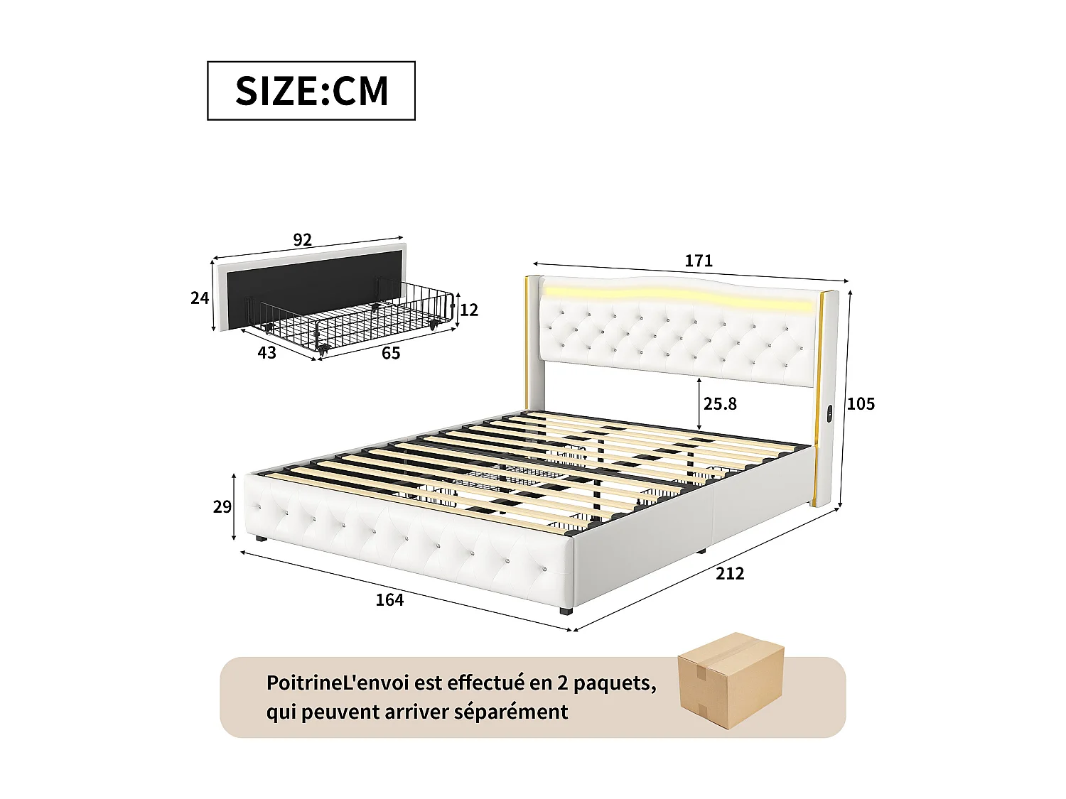 Lit 160x200cm avec Sommier LED et USB, lit Capitonné avec 4 Tiroirs, Cadre de Lit avec Sommier à Lattes, Lit 2 Personnes, PU, Blanc