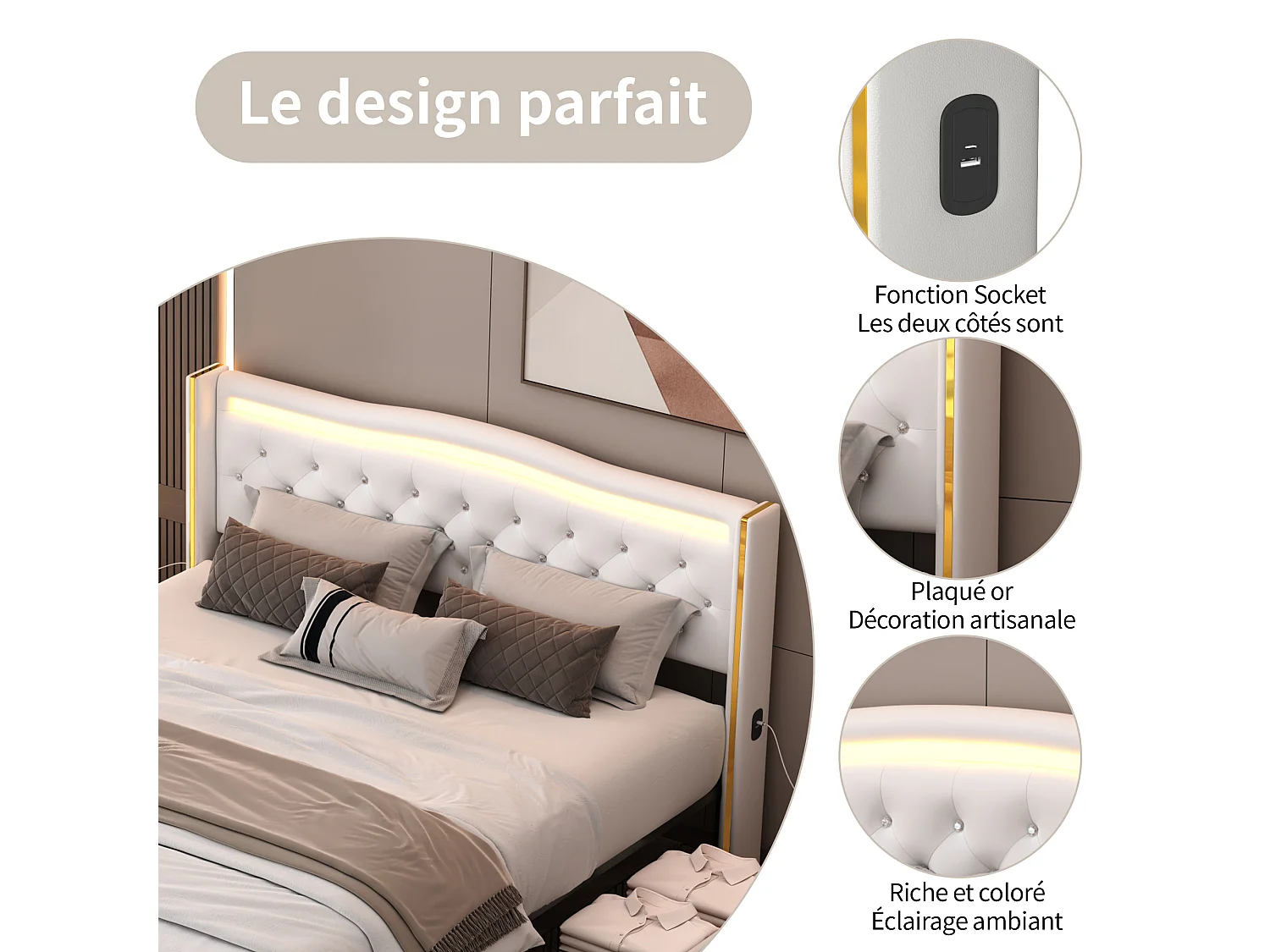 Lit 160x200cm avec Sommier LED et USB, lit Capitonné avec 4 Tiroirs, Cadre de Lit avec Sommier à Lattes, Lit 2 Personnes, PU, Blanc