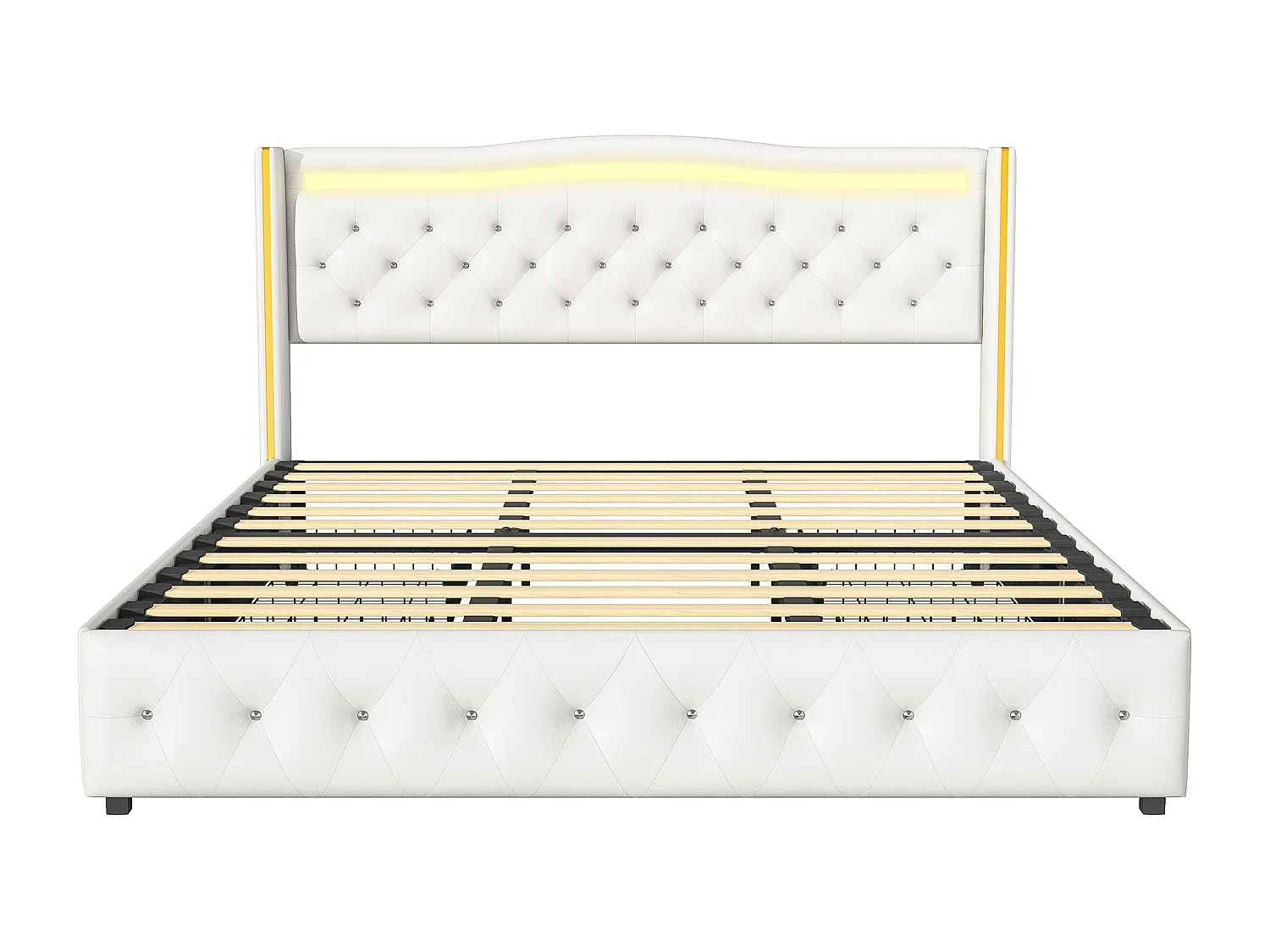 Lit 160x200cm avec Sommier LED et USB, lit Capitonné avec 4 Tiroirs, Cadre de Lit avec Sommier à Lattes, Lit 2 Personnes, PU, Blanc