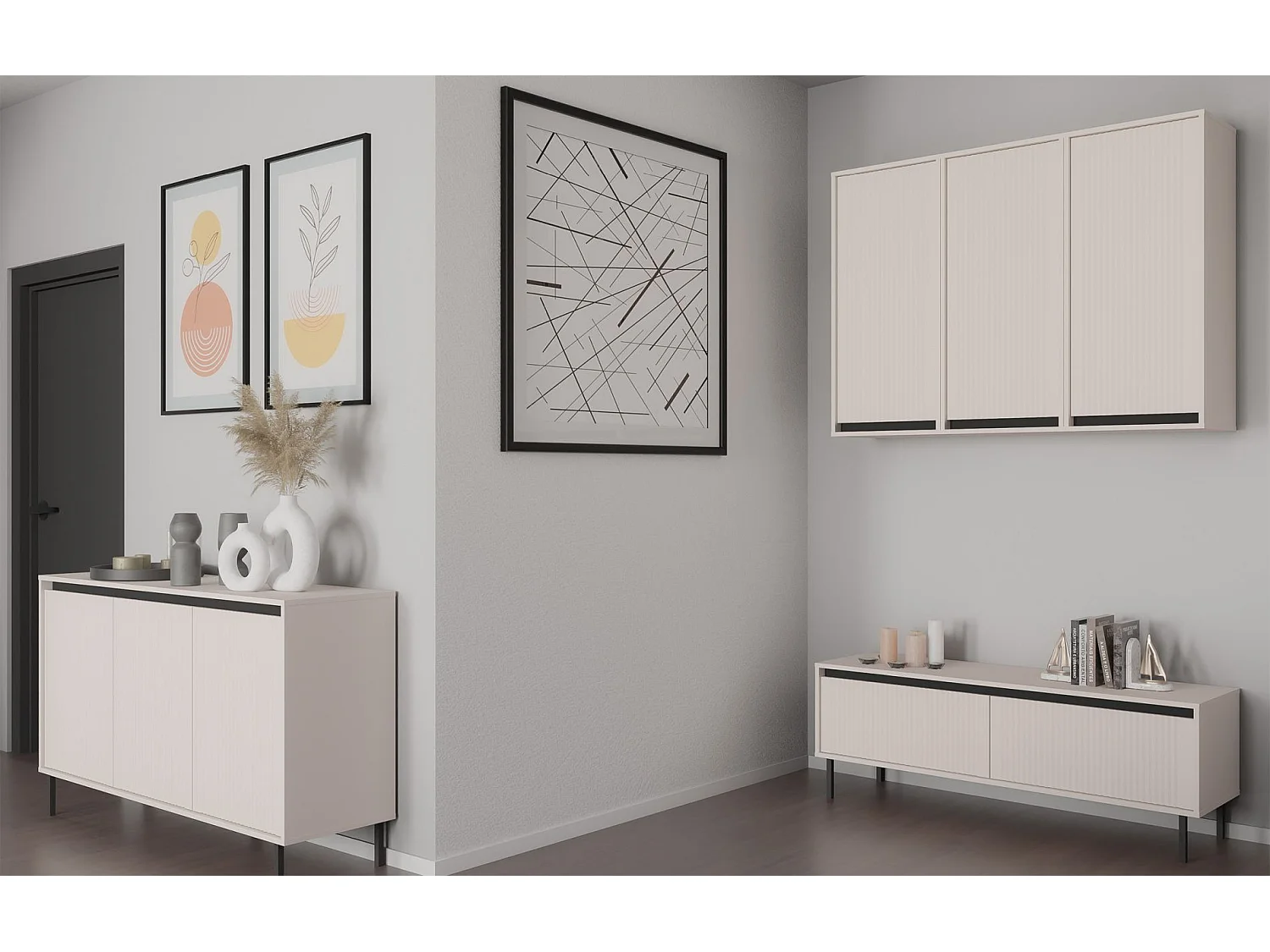 Meuble TV 2 tiroirs avec pieds noir - 140 cm - beige - OSAKA