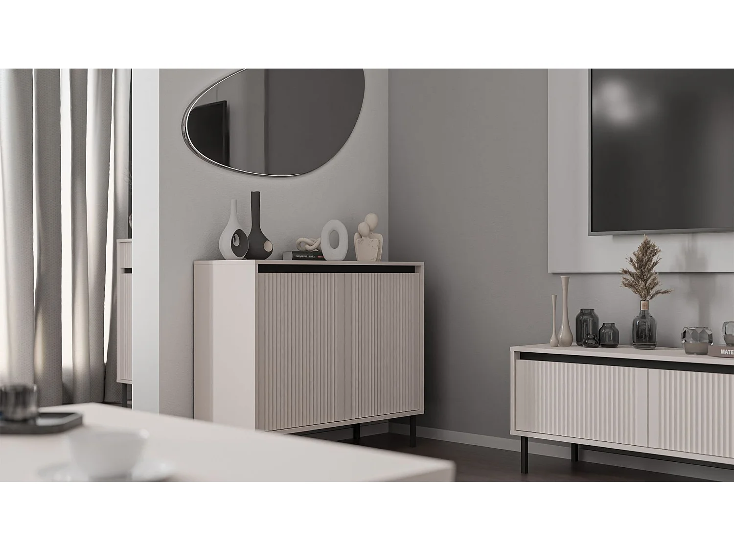 Meuble TV 2 tiroirs avec pieds noir - 140 cm - beige - OSAKA