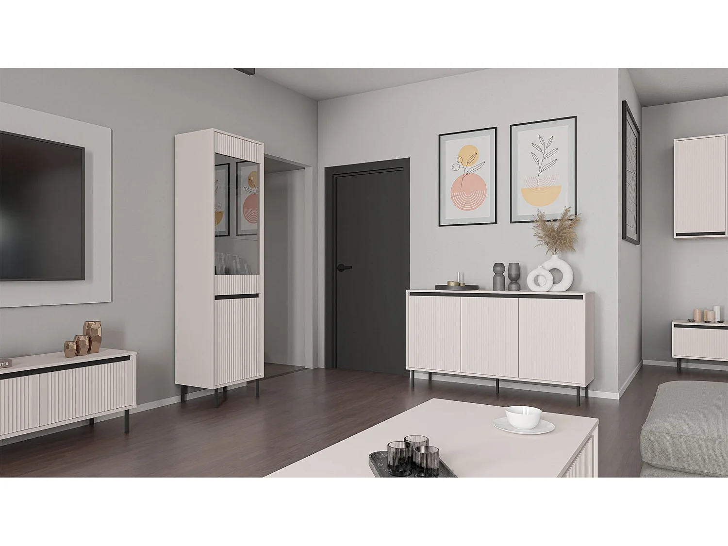 Meuble TV 2 tiroirs avec pieds noir - 140 cm - beige - OSAKA