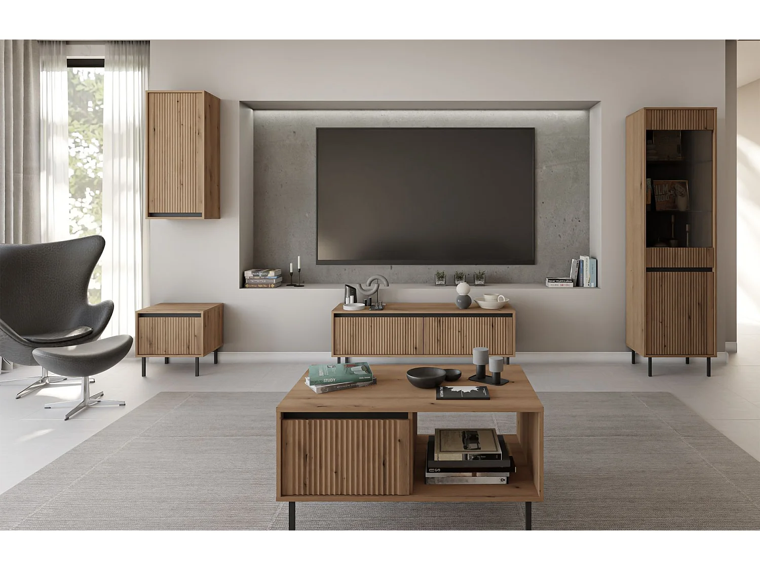 Meuble TV 2 tiroirs avec pieds noir - 140 cm - chêne evoke - OSAKA