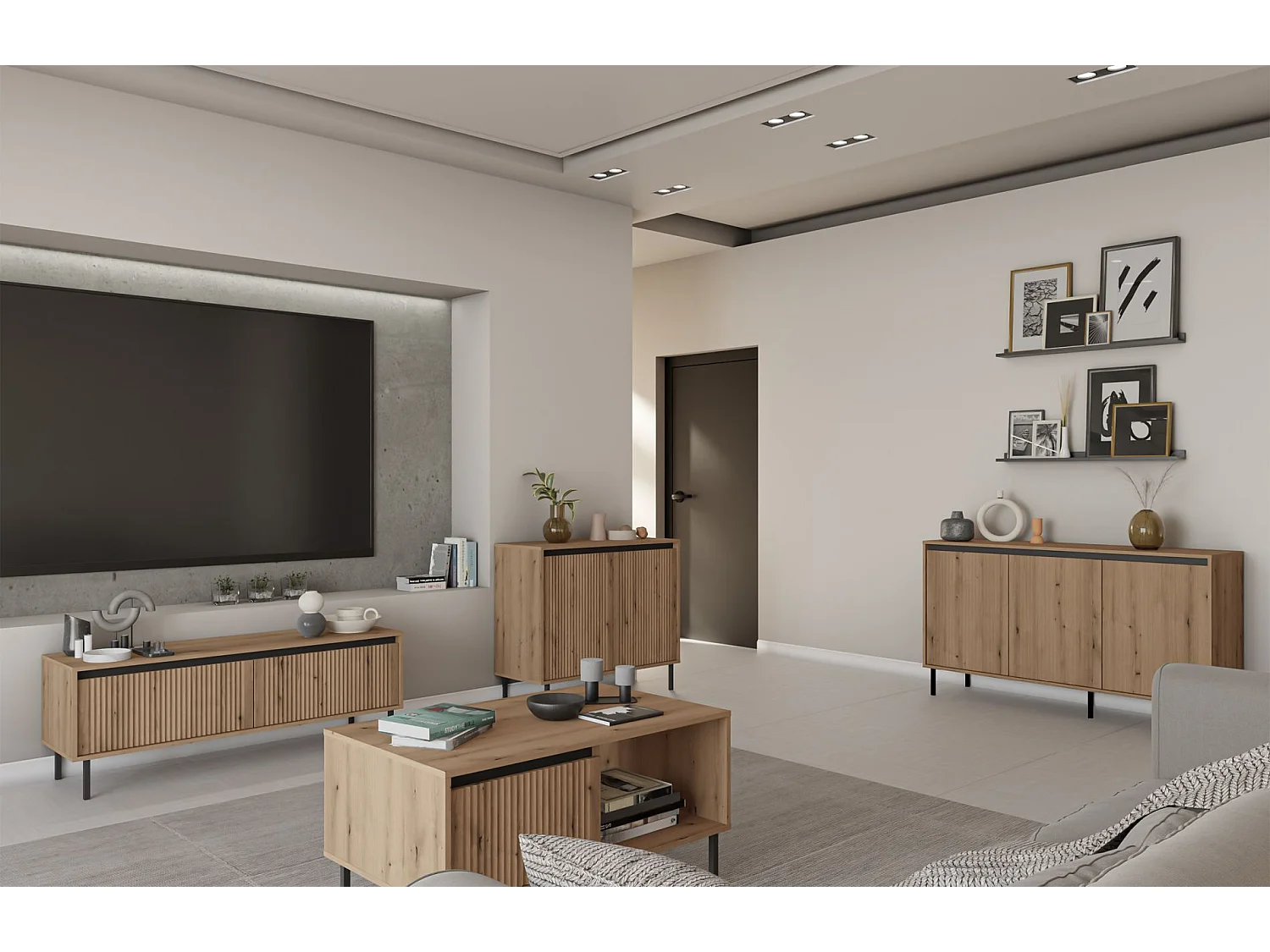 Meuble TV 2 tiroirs avec pieds noir - 140 cm - chêne evoke - OSAKA