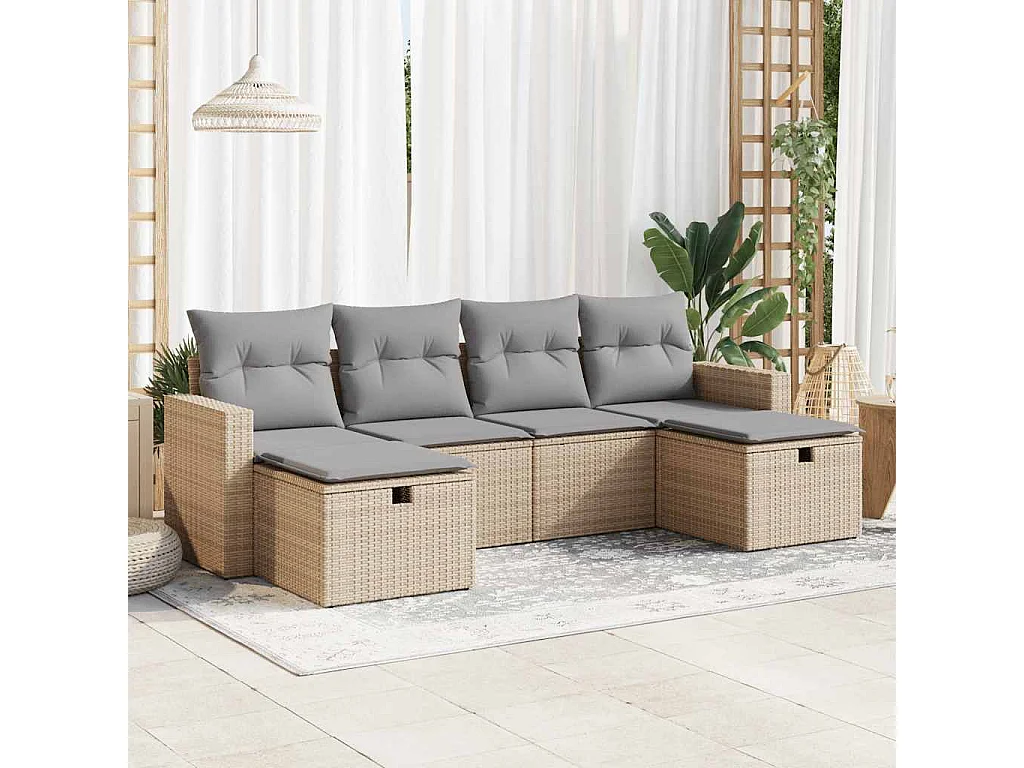 Salon de jardin avec coussins 6 pcs beige résine tressée