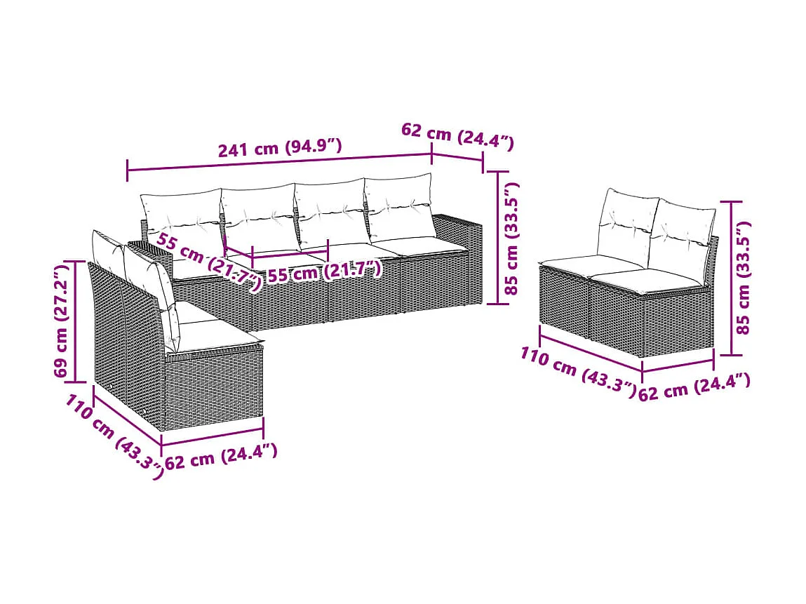 Set Divano da Giardino 8pz con Cuscini Grigio Chiaro Polyrattan