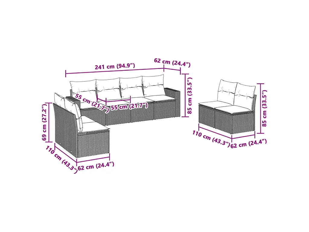 Set Divano da Giardino 8pz con Cuscini Grigio Chiaro Polyrattan