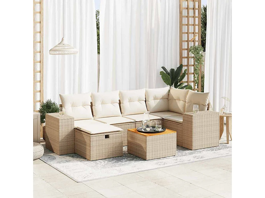 Salon de jardin avec coussins 7 pcs beige résine tressée