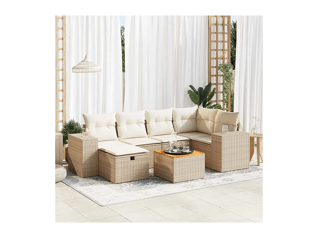 Set Divani da Giardino 7 pz con Cuscini Beige in Polyrattan