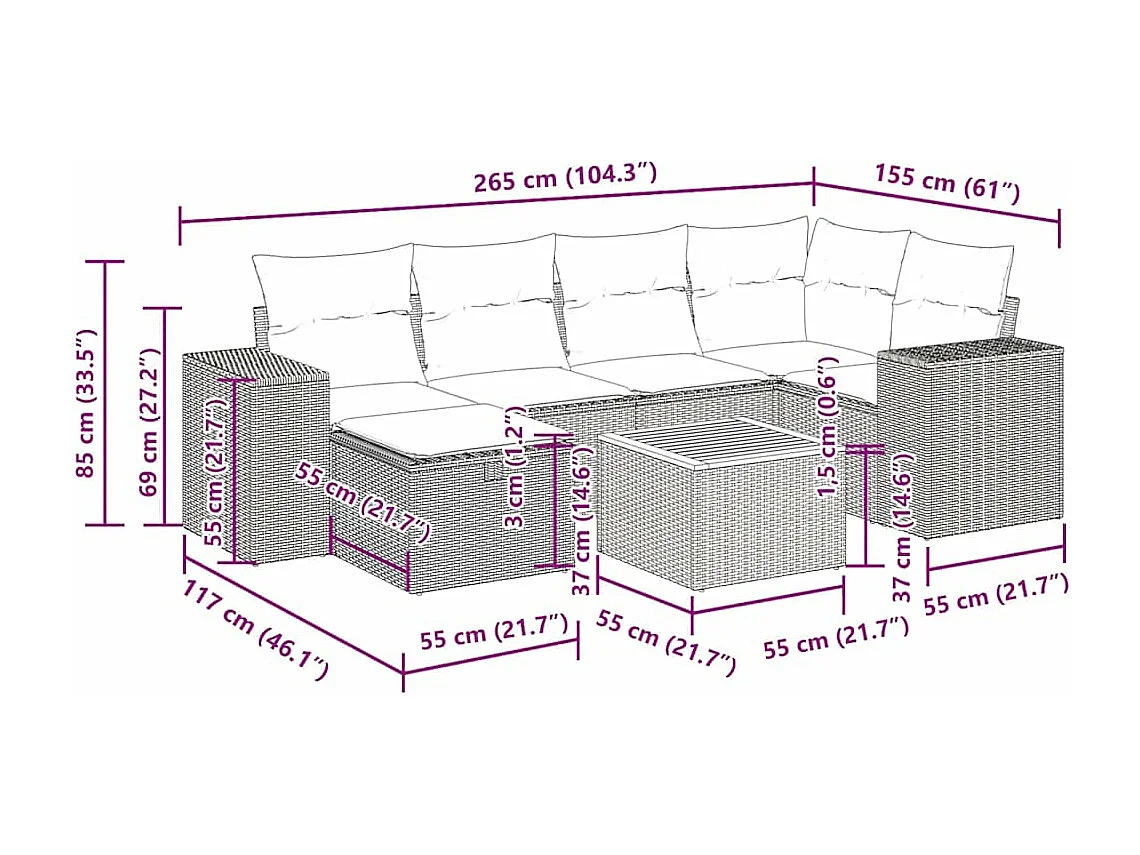 Salon de jardin avec coussins 7 pcs beige résine tressée