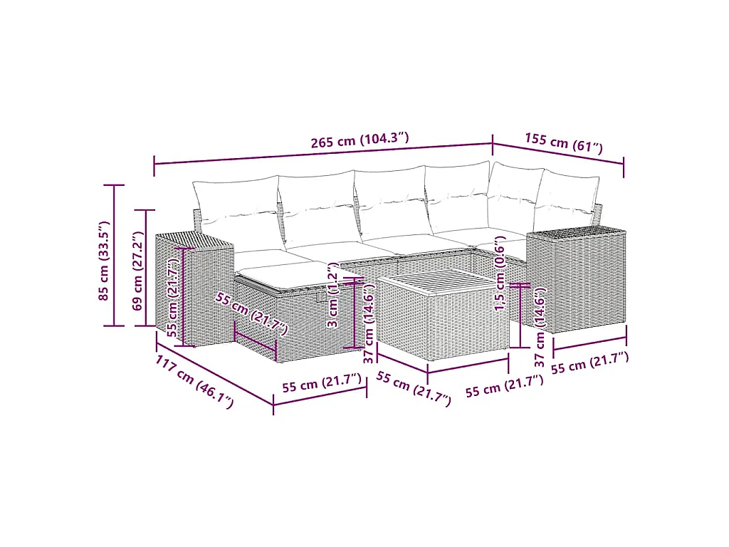 Salon de jardin avec coussins 7 pcs beige résine tressée