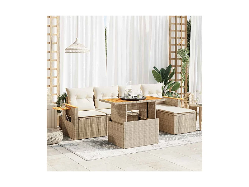 Set Divano da Giardino 6 pz con Cuscini Beige Polyrattan Acacia