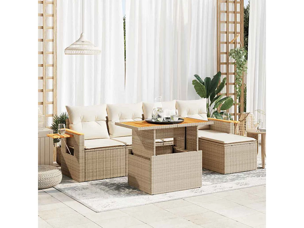 Set Divano da Giardino 6 pz con Cuscini Beige Polyrattan Acacia