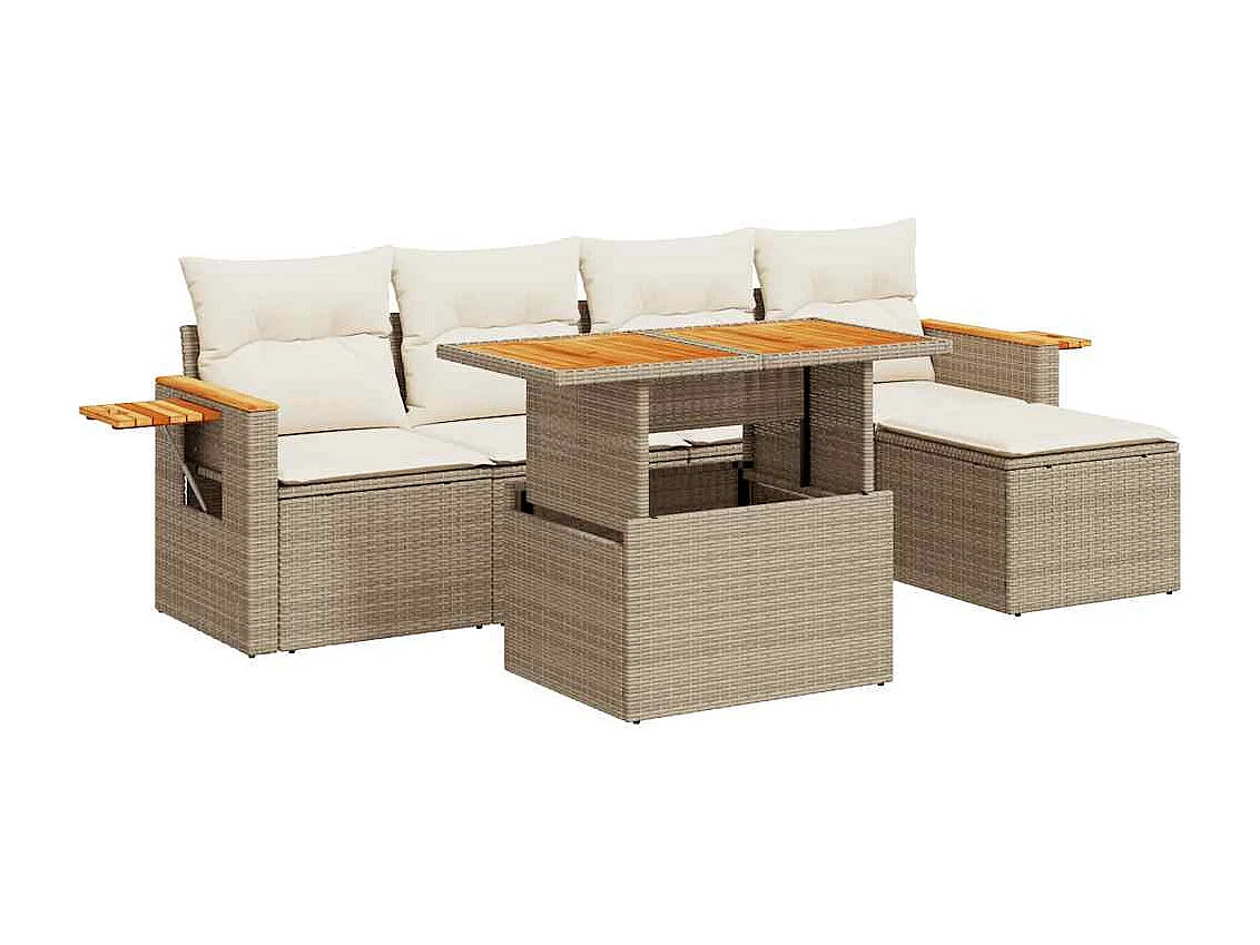 Set Divano da Giardino 6 pz con Cuscini Beige Polyrattan Acacia