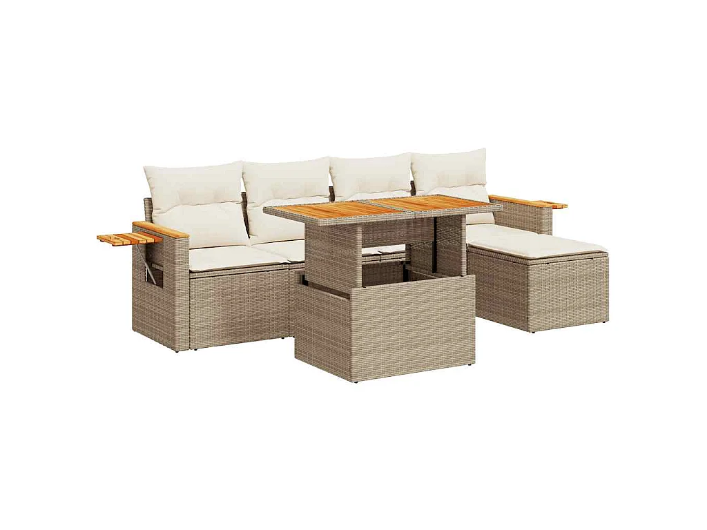 6-tlg. Garten-Sofagarnitur mit Kissen Beige Poly Rattan Akazie
