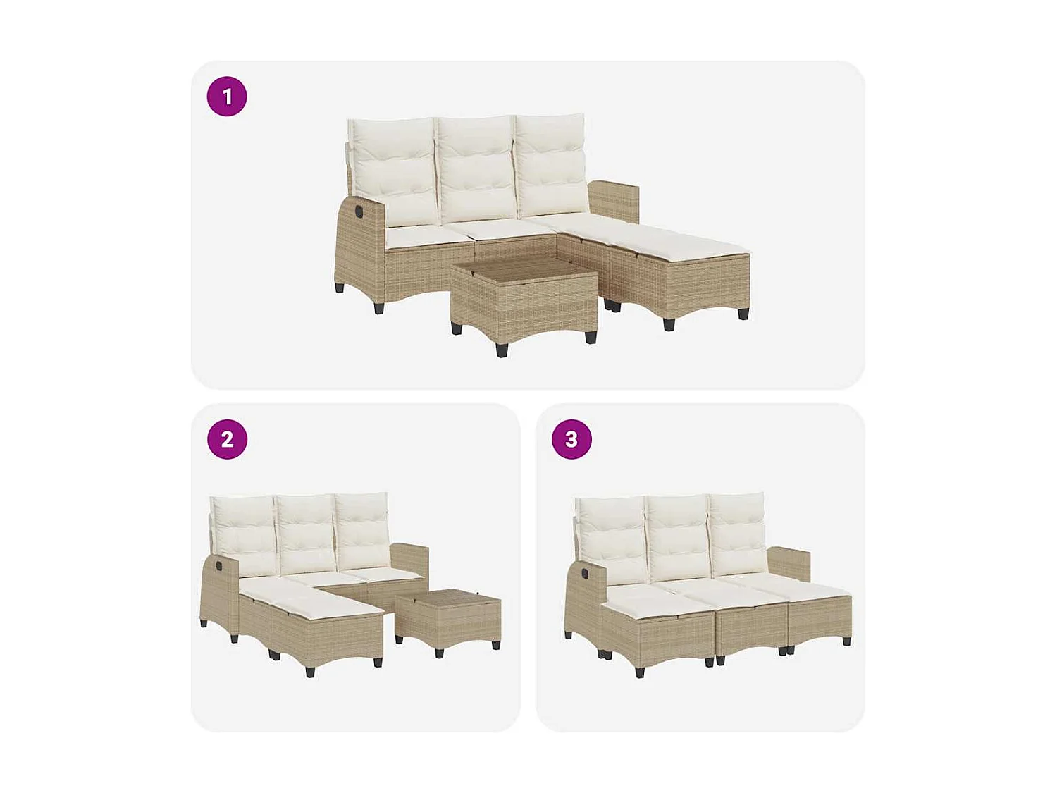 3 pcs conjunto sofás de jardim com almofadões em L vime PE bege