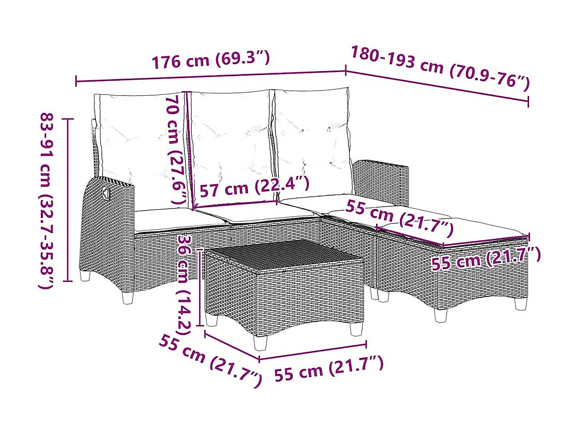 Salon de jardin avec coussins forme de L 3 pcs beige polyrotin