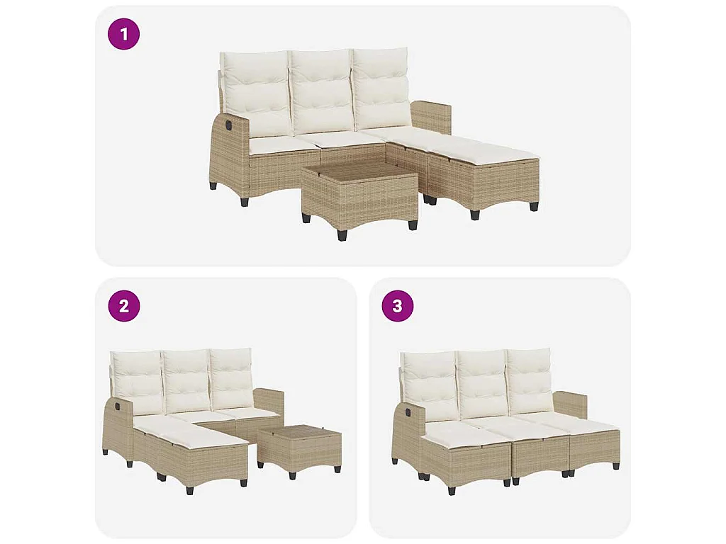 Set Divano da Giardino 3 pz con Cuscini a L Beige in Polyrattan