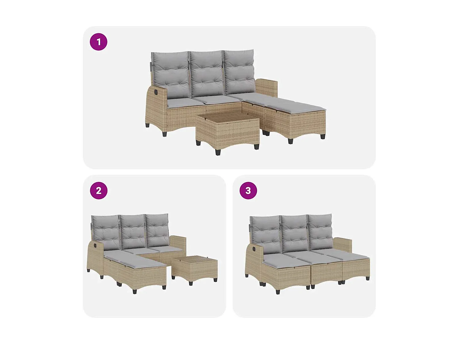 3 pcs conjunto sofás de jardim com almofadões em L vime PE bege