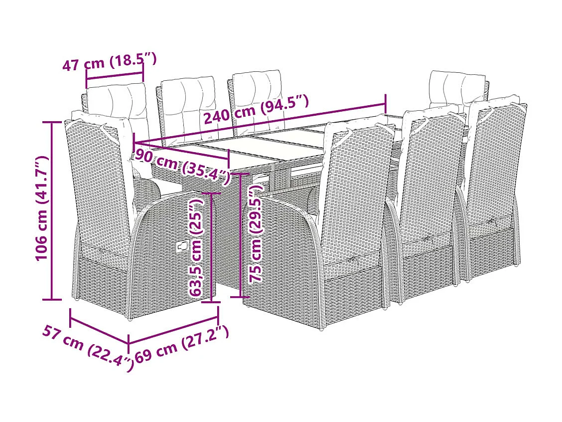 Ensemble à manger de jardin 9pcs coussins noir résine tressée